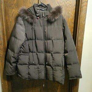 Utex Design Black Long Down Puffer Coat with Faux Fur Removable Hood WOMEN TG XL